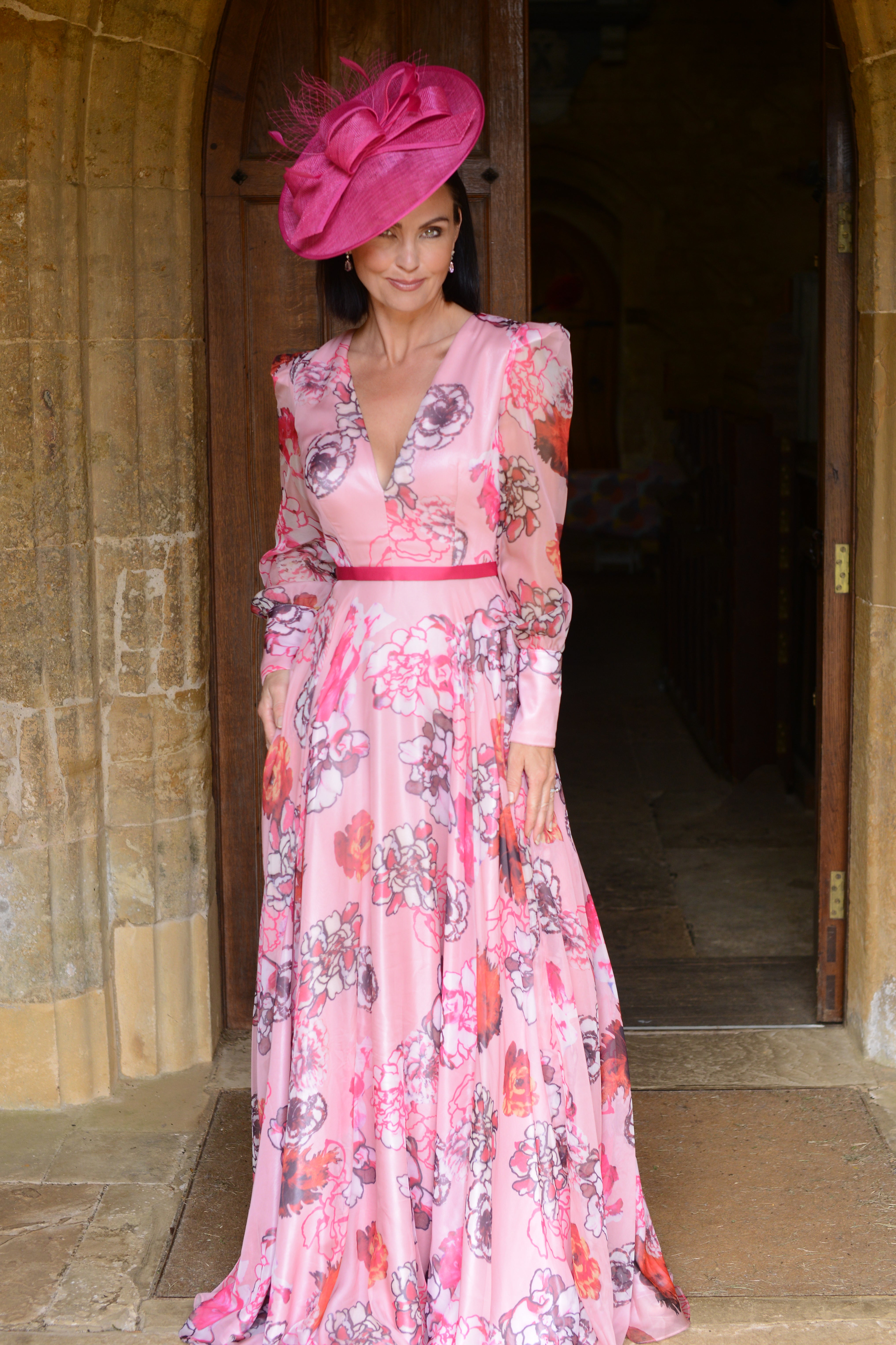 strapless open back dress Carla Ruiz 99421 Pink Floral – Sean Rayment