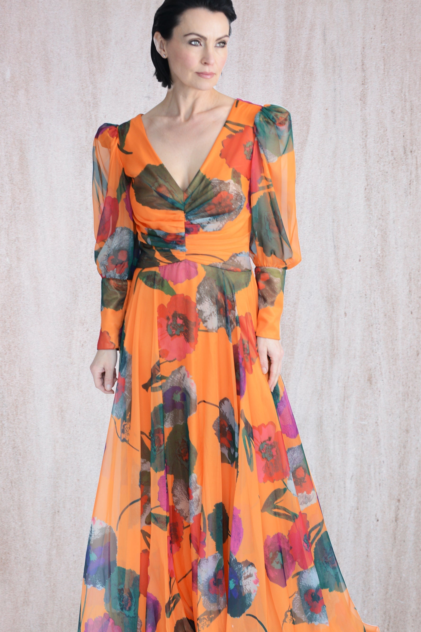 chinese dress ladies Carla Ruiz 50643: Elegant Long-Sleeve Floral Maxi Dress in Versatile C   Rofial Beauty