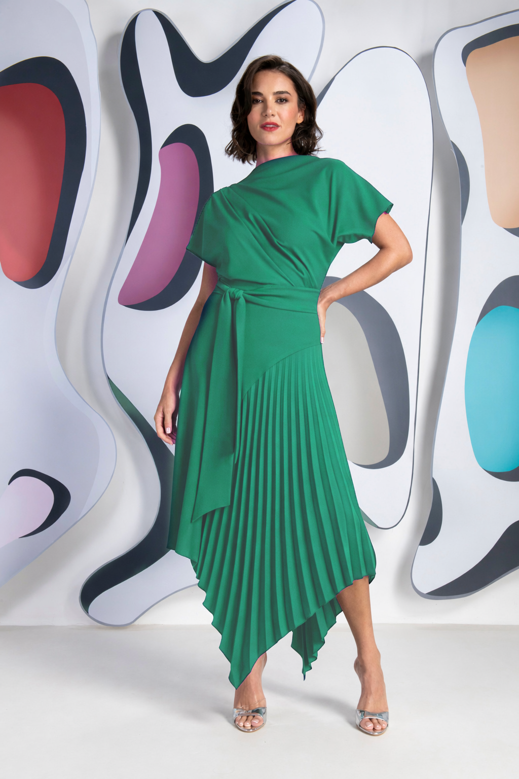 kevan jon green dress Kevan Jon Eugenia Satin Long Asymmetric Dress, Green main image 1
