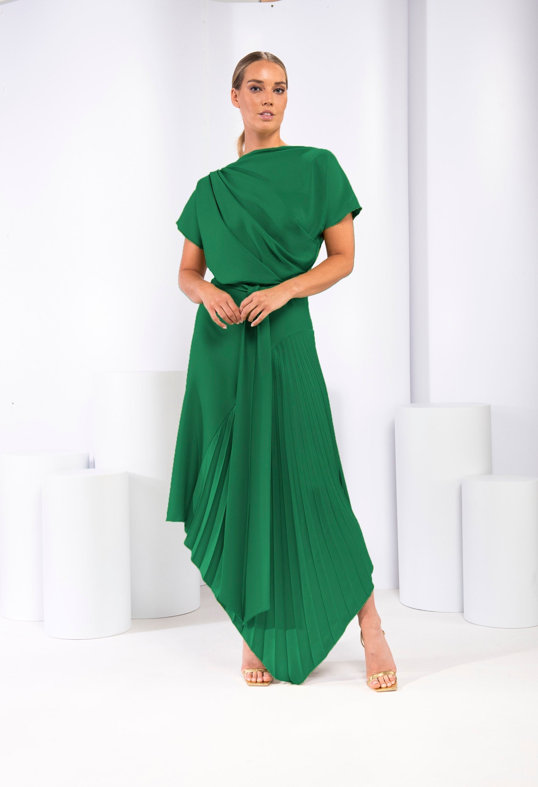 green emerald velvet dress Kevan Jon Kiera Bardot 3/4 Sleeve Ruched Waist Pleat Hem Dress Peacock –  SisterOnlinestore main image 1