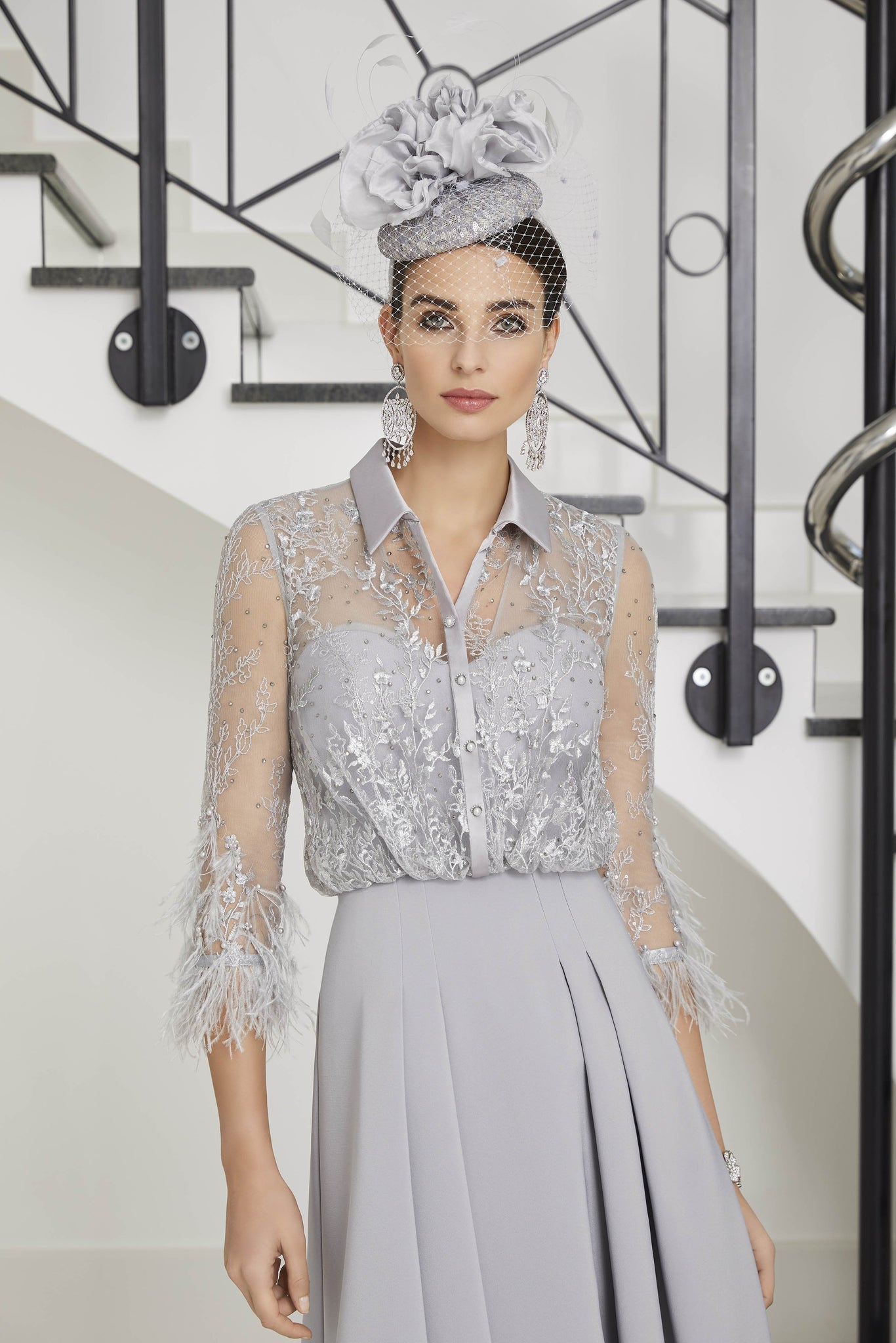 Invitations by Veni - 29509F - A-line dress with feather cuffs-A-line Dress