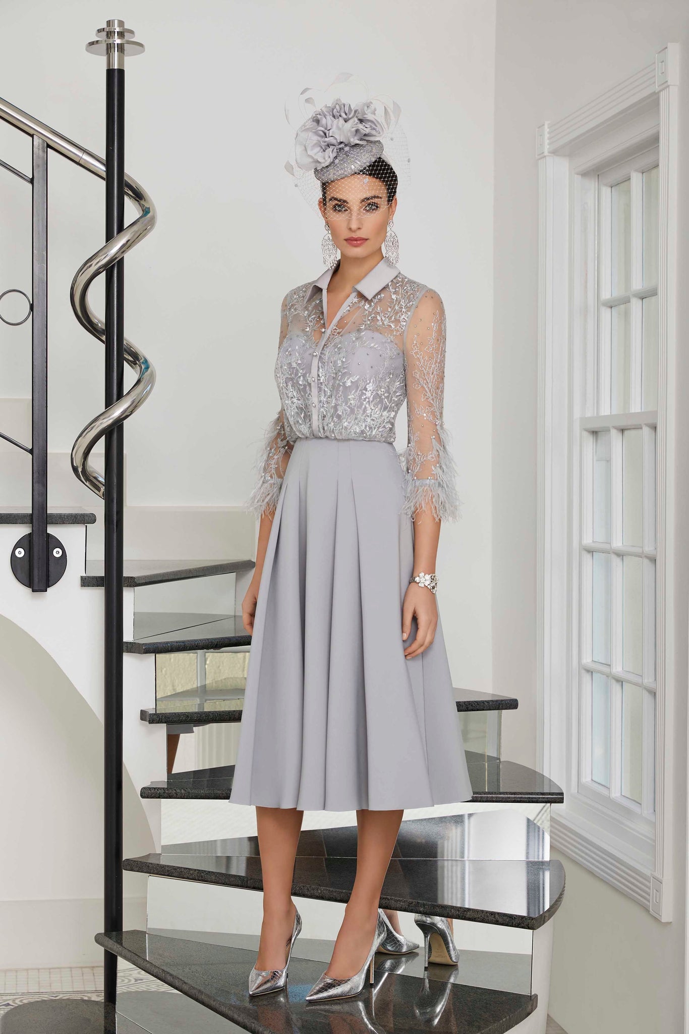 Invitations by Veni - 29509F - A-line dress with feather cuffs-A-line Dress